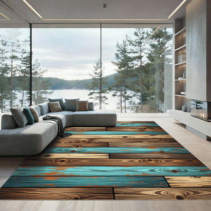 Rustic Teal Wood Plank Texture Rug