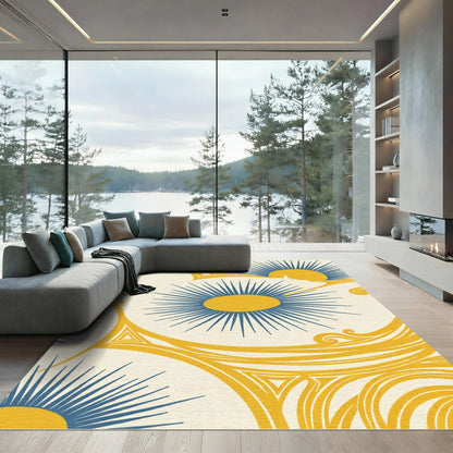 Golden Yellow Blue Sunburst Swirls Rug