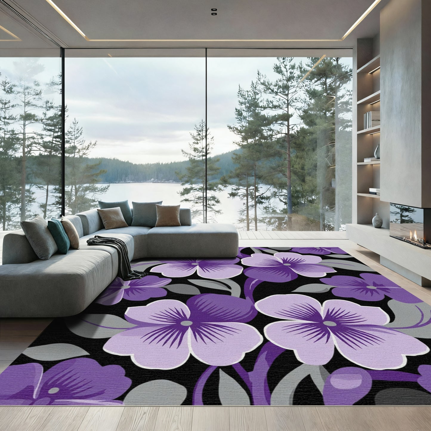 Purple Floral Vine Black Background Rug