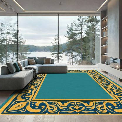 Gold Teal Ornate Scrollwork Border Rug