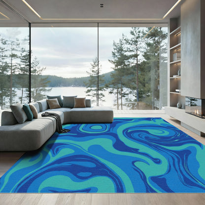 Deep Blue Teal Swirl Abstract Rug