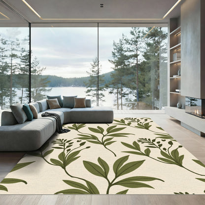 Olive Green Botanical Leaf Arrangement Rug
