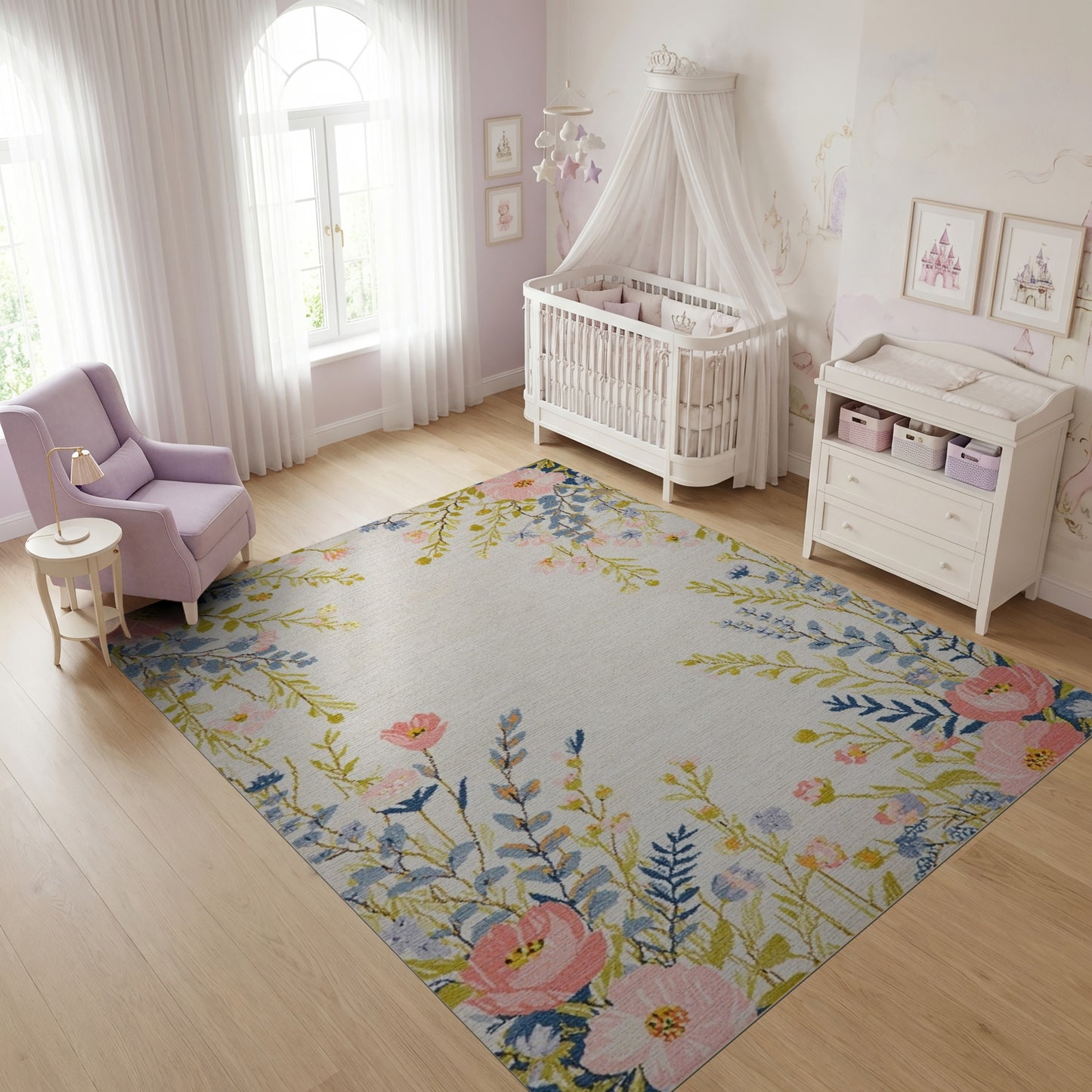 Delicate Blush Blue Floral Vine Rug