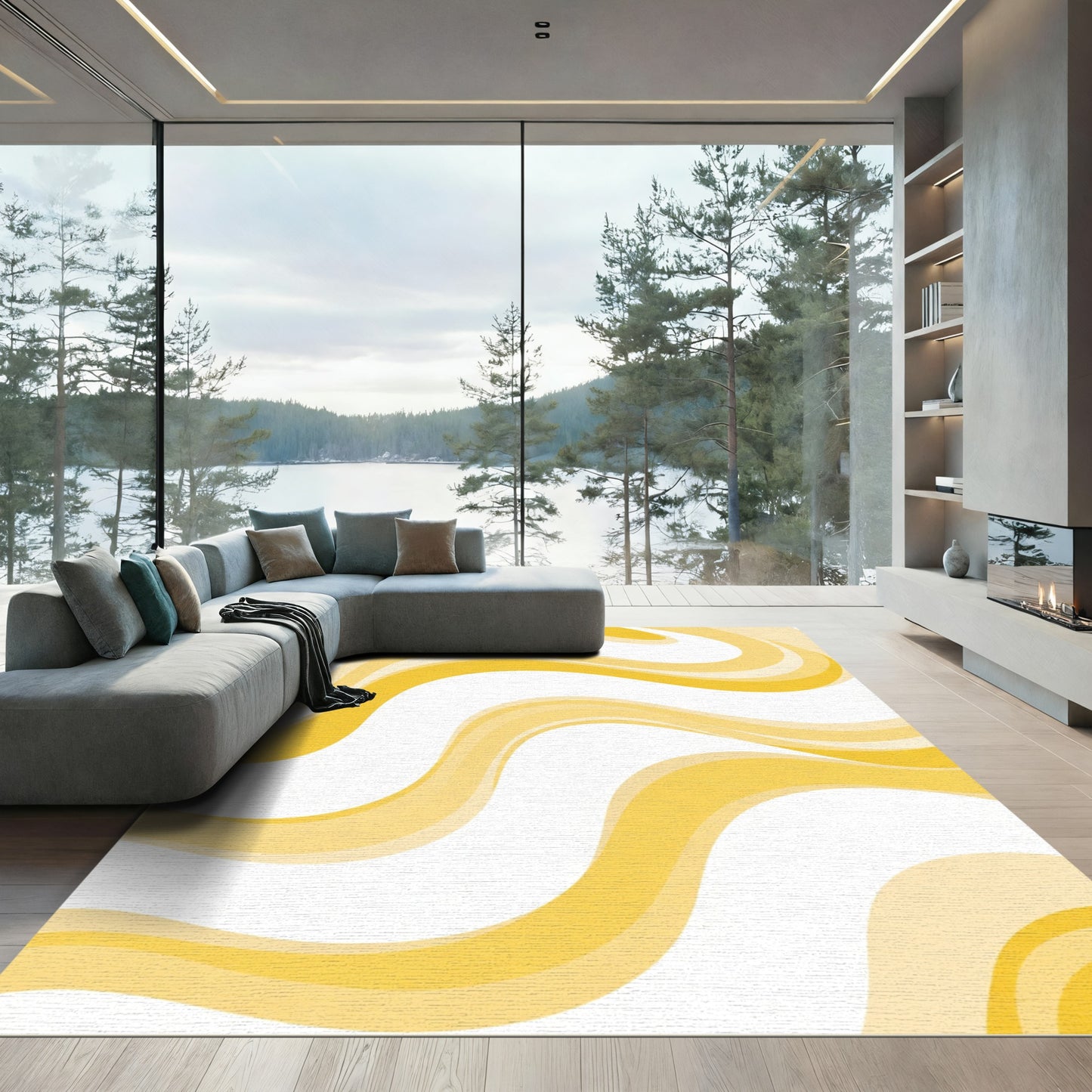 Golden Flowing Waves Rug