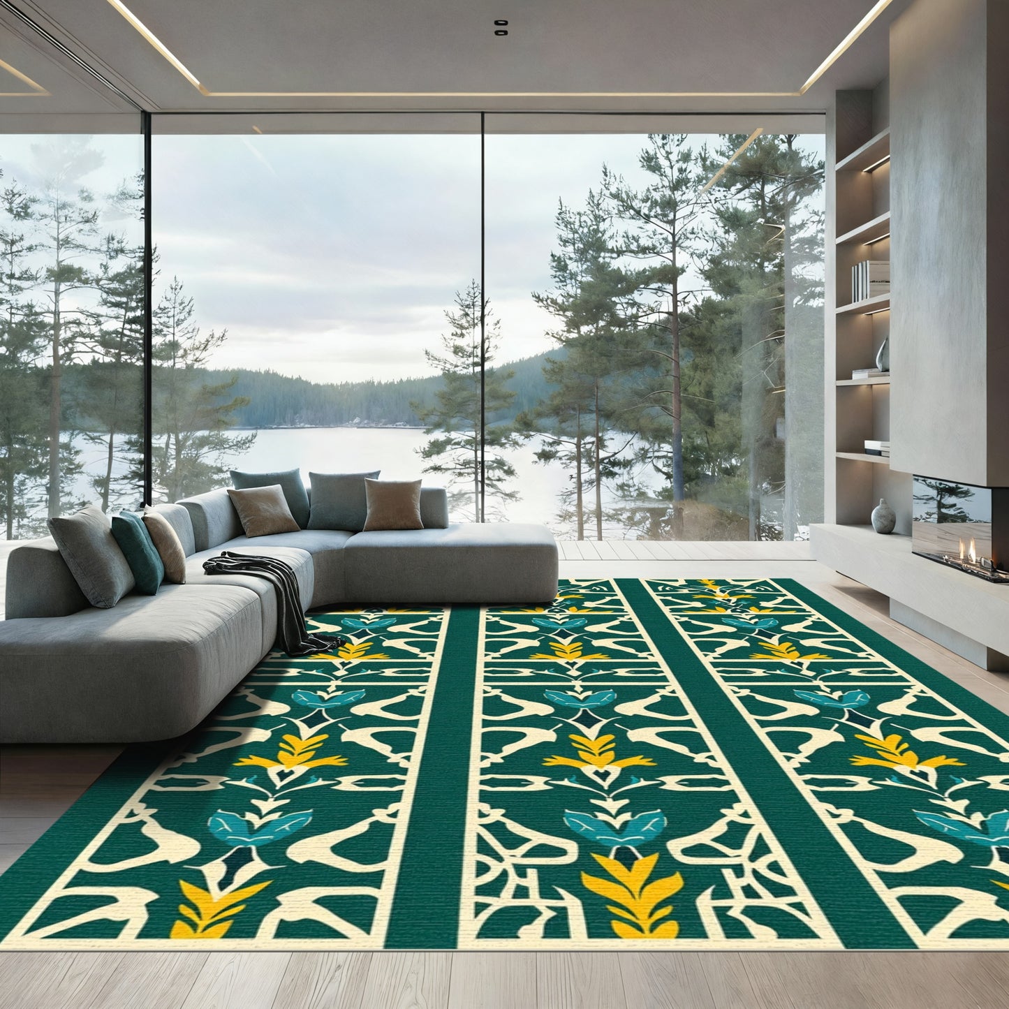 Teal Yellow Floral Lattice Panels Rug