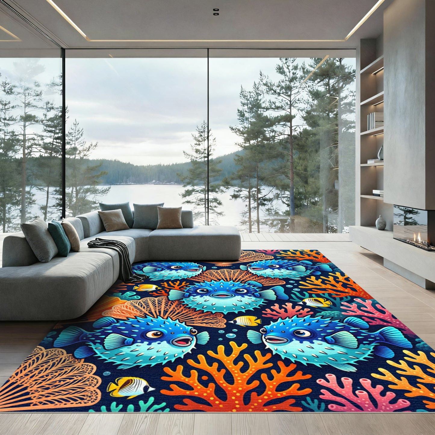 Vibrant Oceanic Pufferfish and Coral Reef Rug