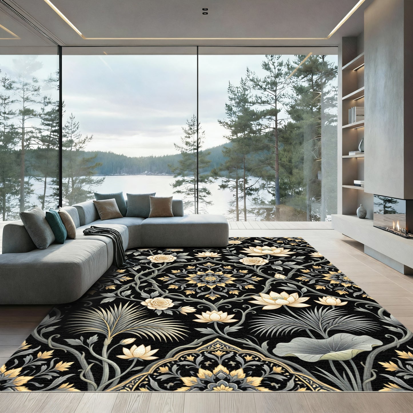 Cream Lotus Rose Garden Art Nouveau Rug