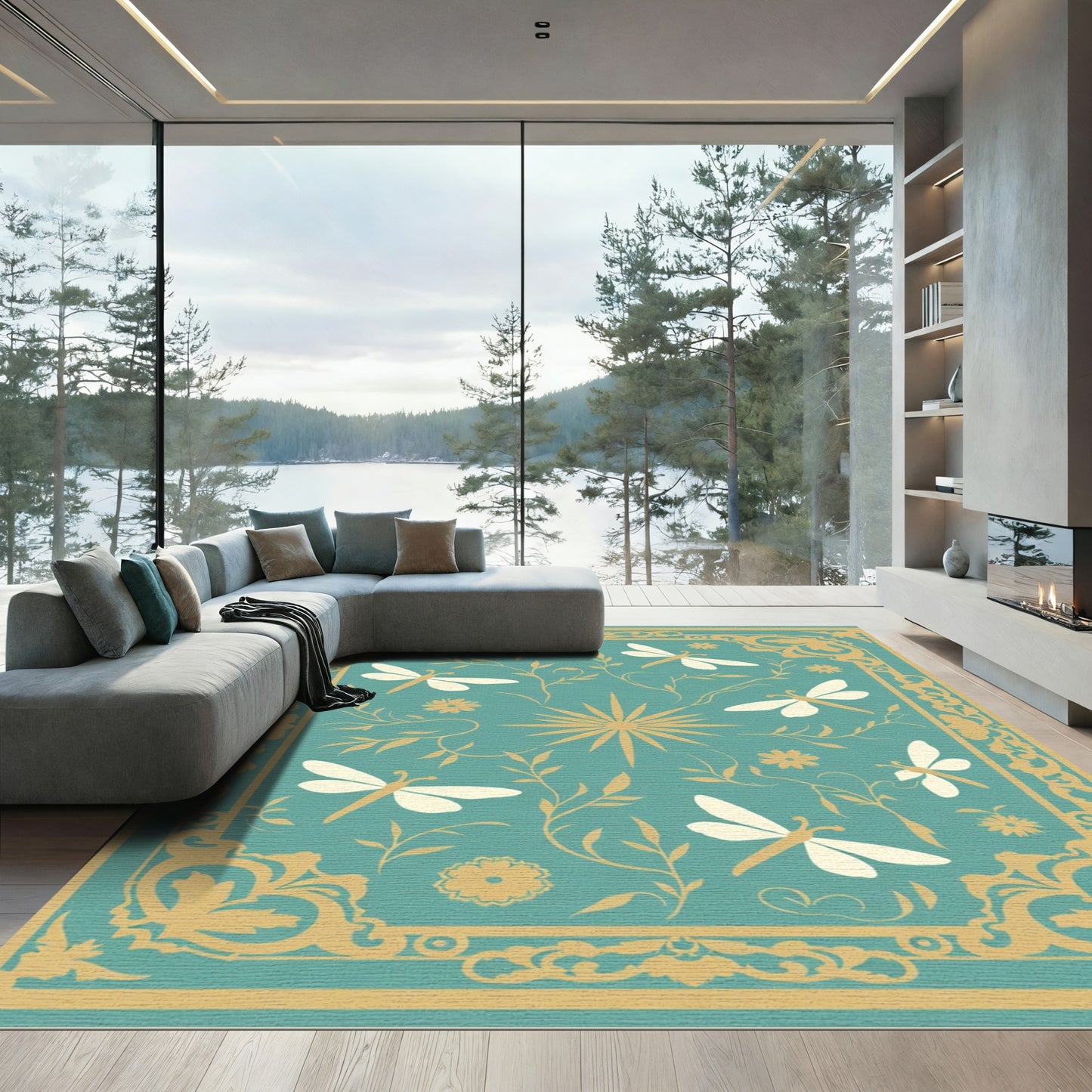 Teal Gold Dragonfly Floral Border Rug