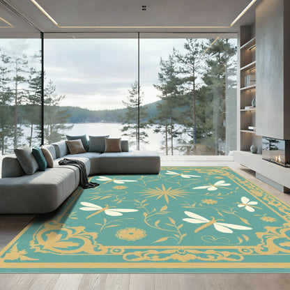Teal Gold Dragonfly Floral Border Rug
