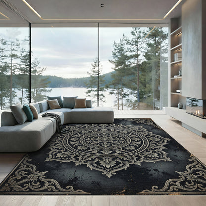 Ornate Damask Charcoal Floral Medallion Rug