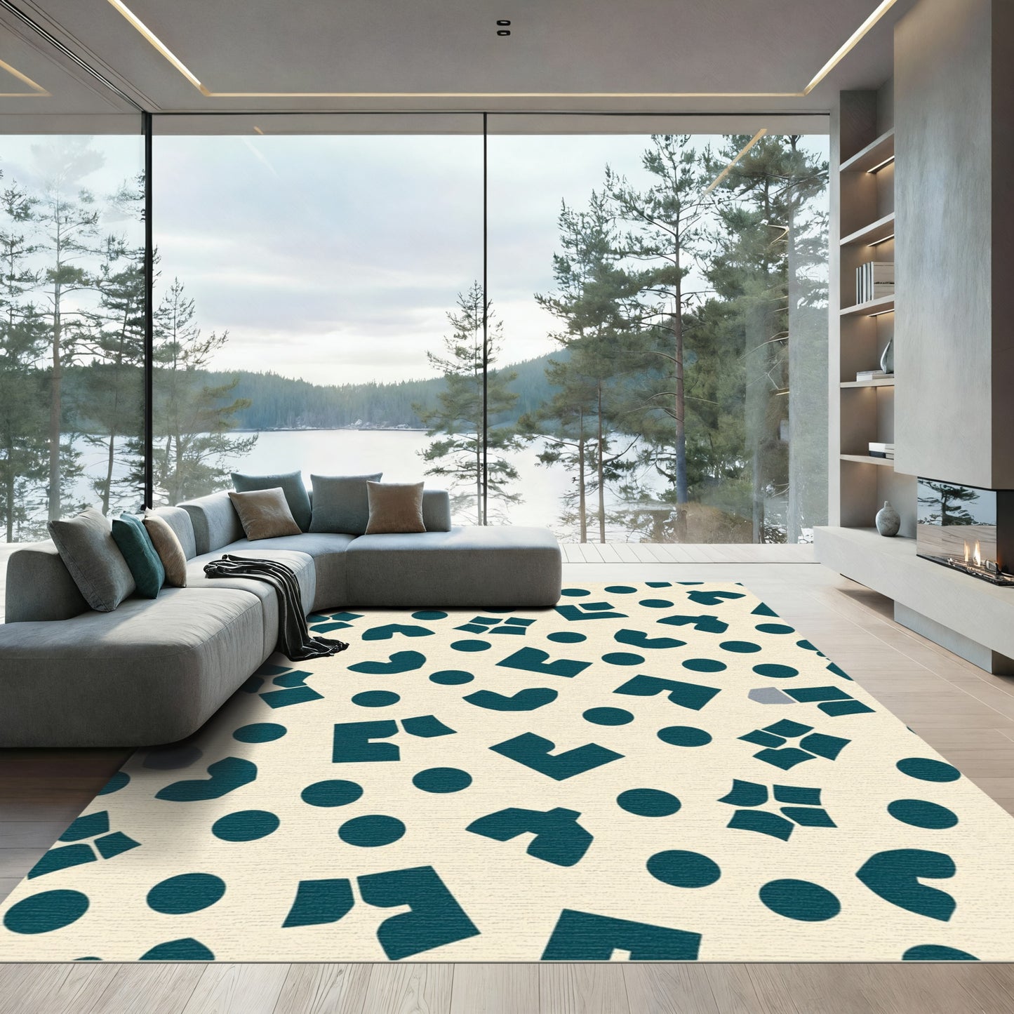 Teal And Gray Abstract Geometric Rug