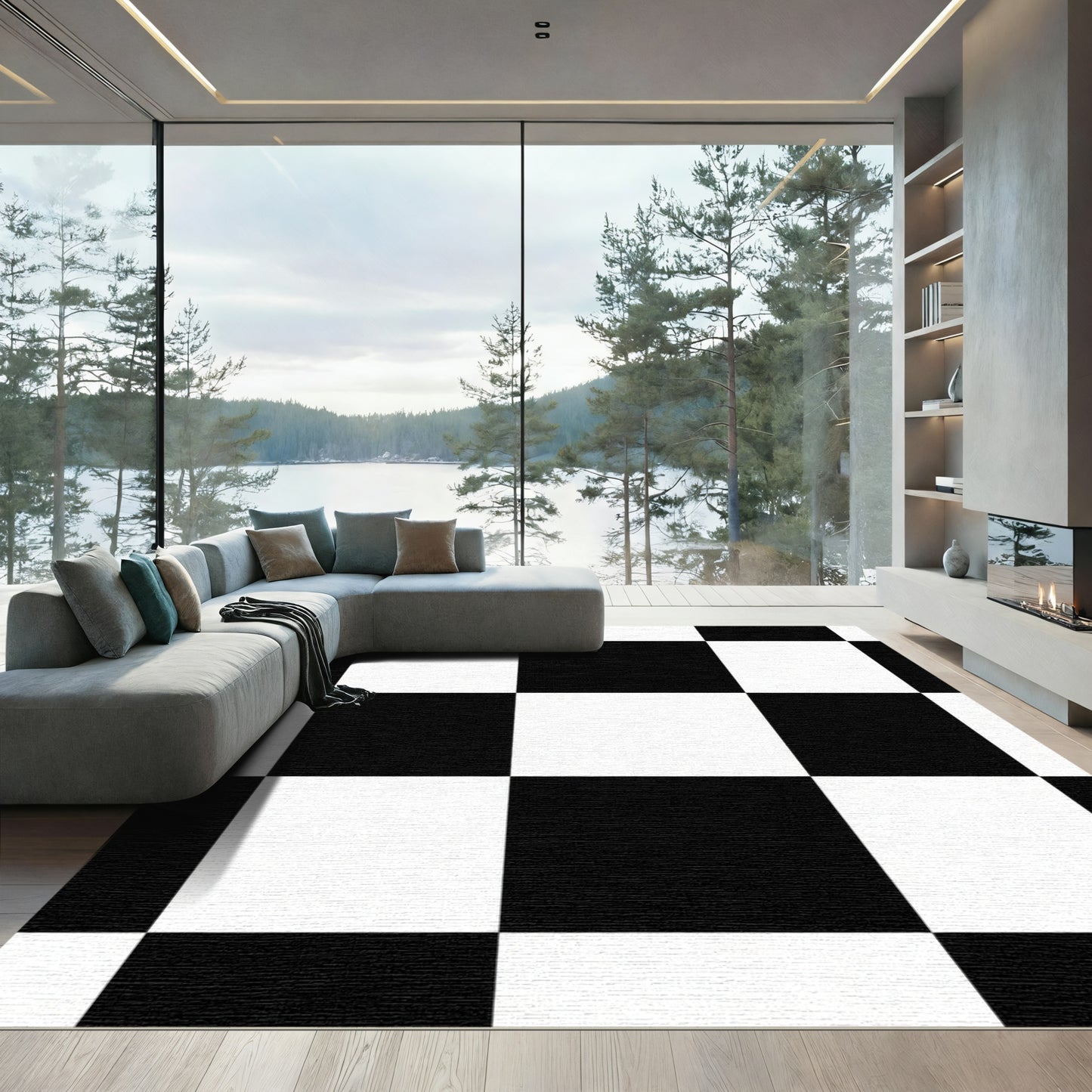 Bold Black White Checkerboard Grid Rug
