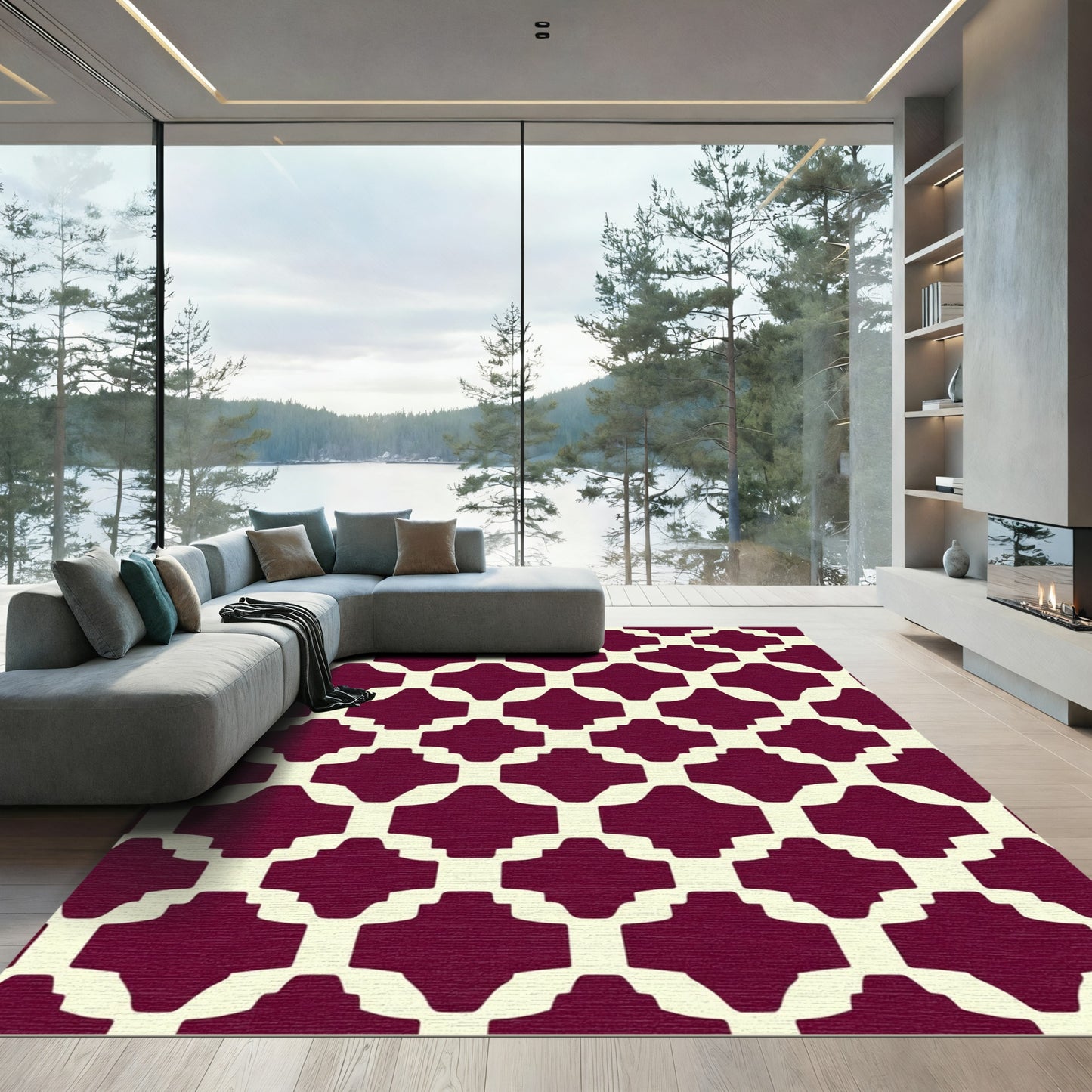 Crimson Lattice Trellis Geometric Rug