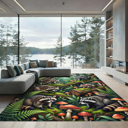 Enchanted Raccoon and Forest Mushroom Scene Rug