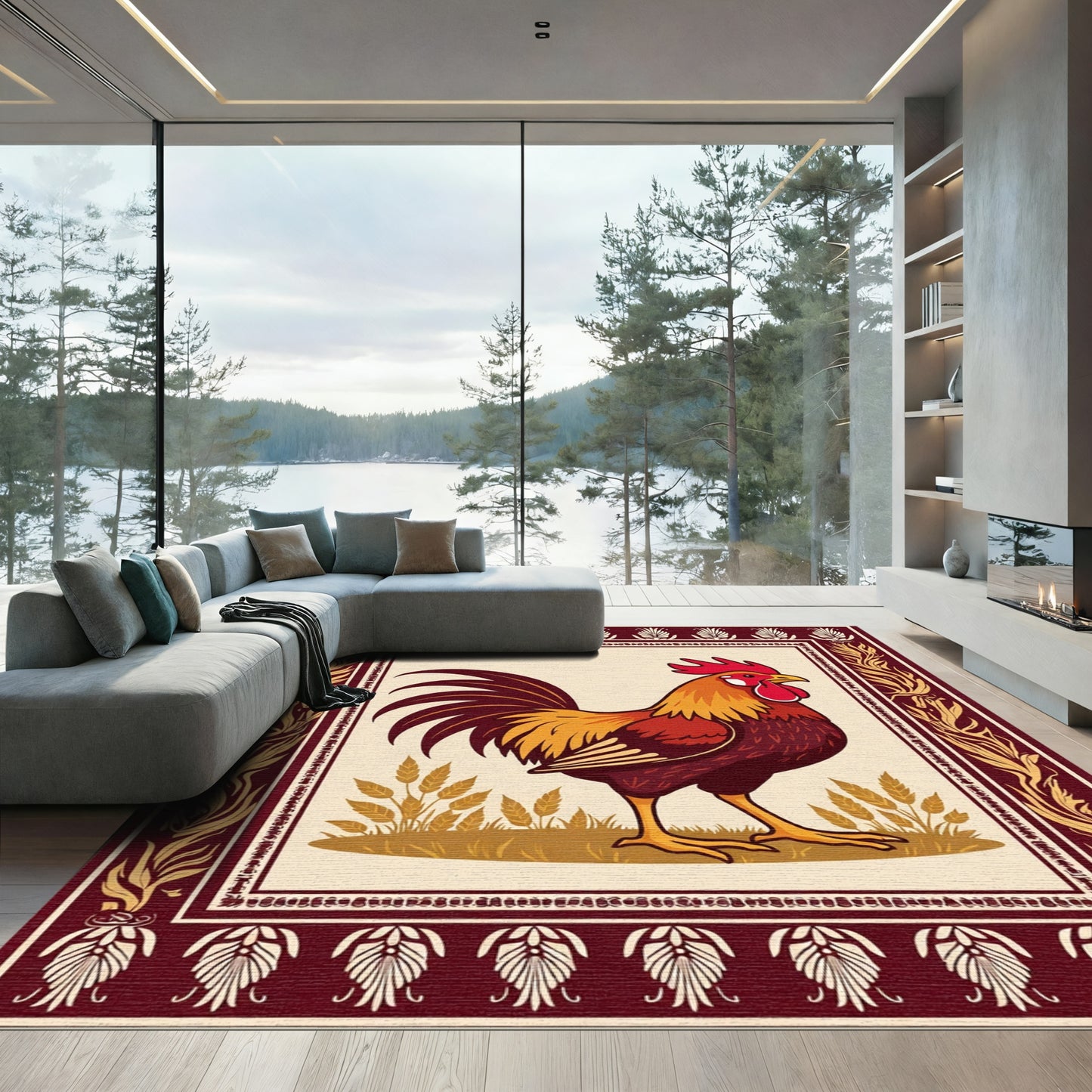 Rustic Crimson Rooster Wheat Border Rug