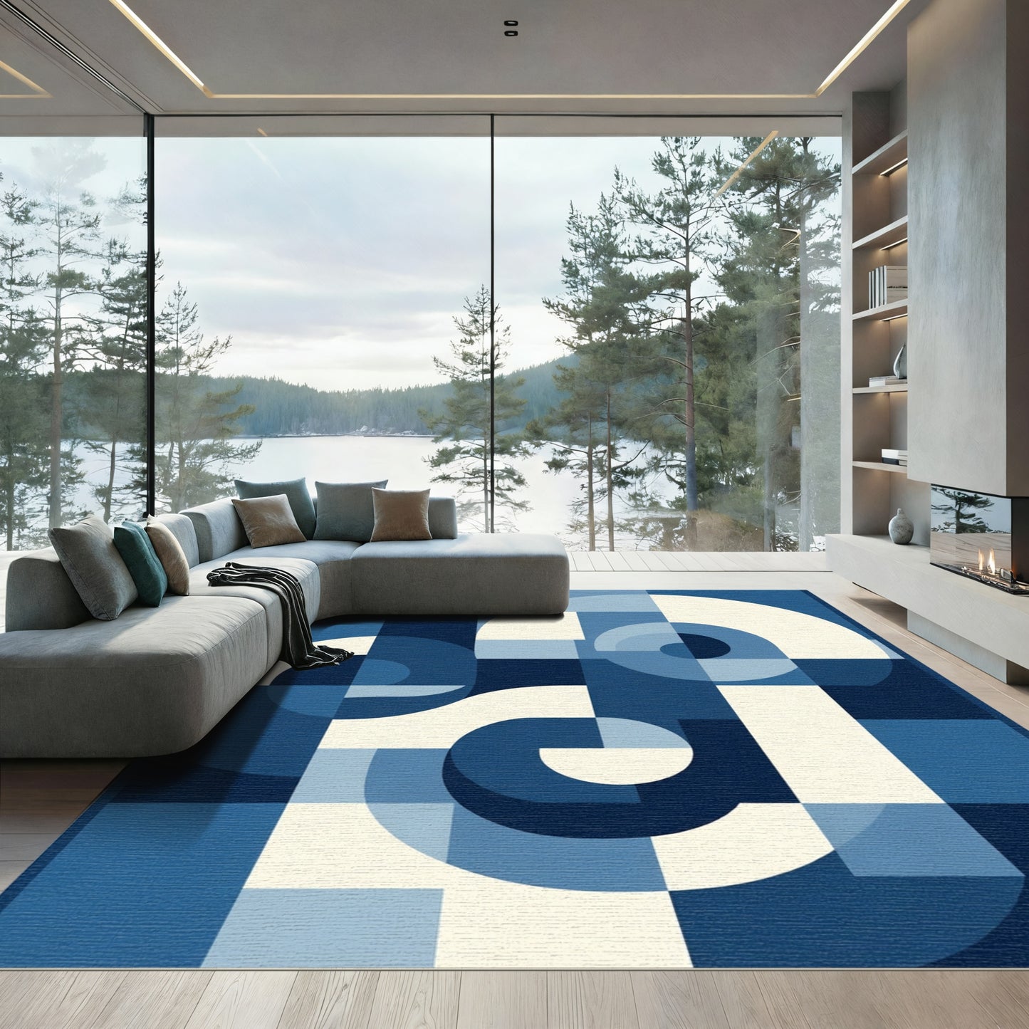 Deep Blue Abstract Geometric Swirl Rug