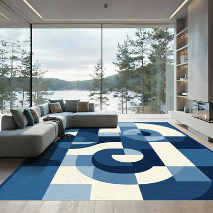 Deep Blue Abstract Geometric Swirl Rug