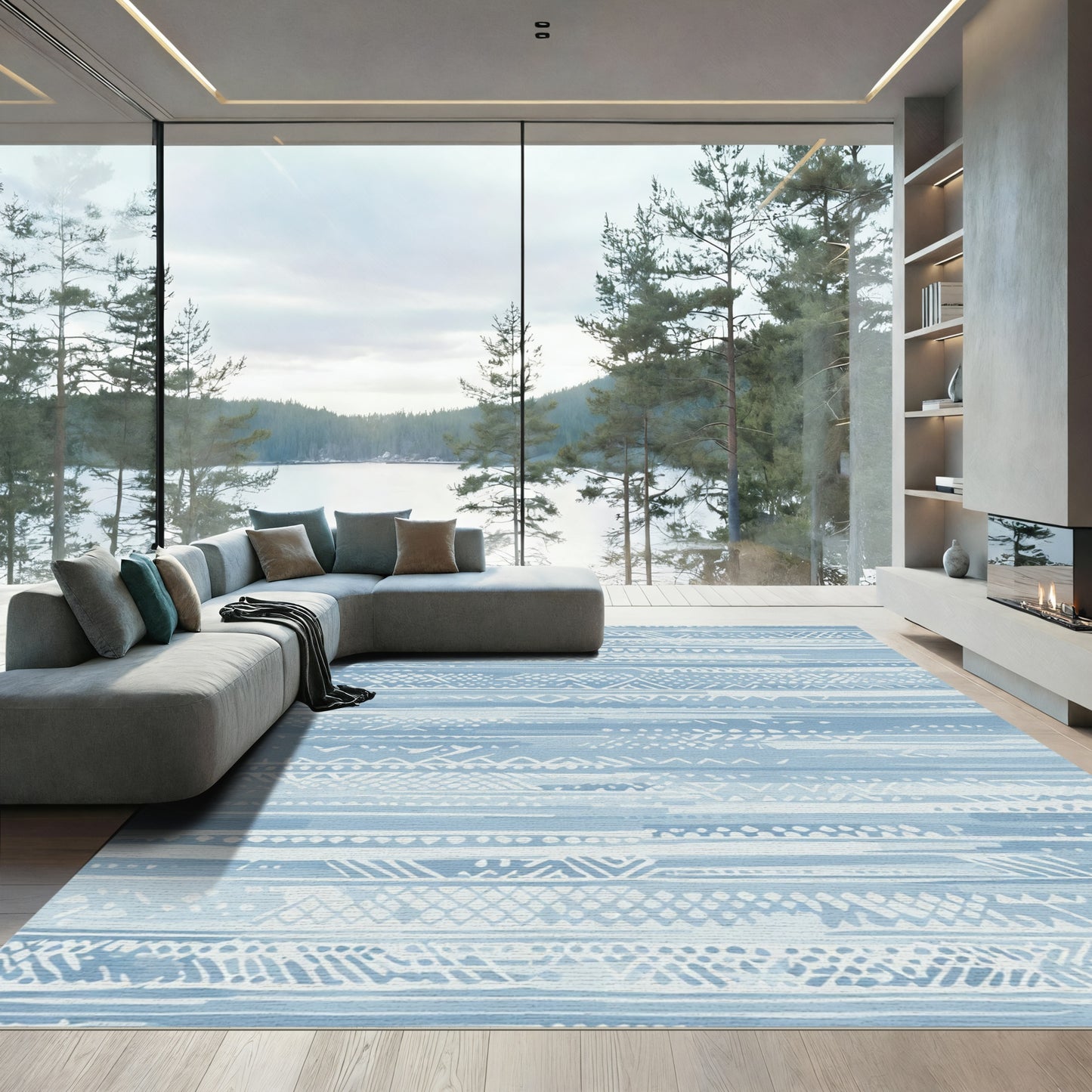 Soft Blue Textured Horizontal Stripes Rug