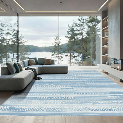 Soft Blue Textured Horizontal Stripes Rug
