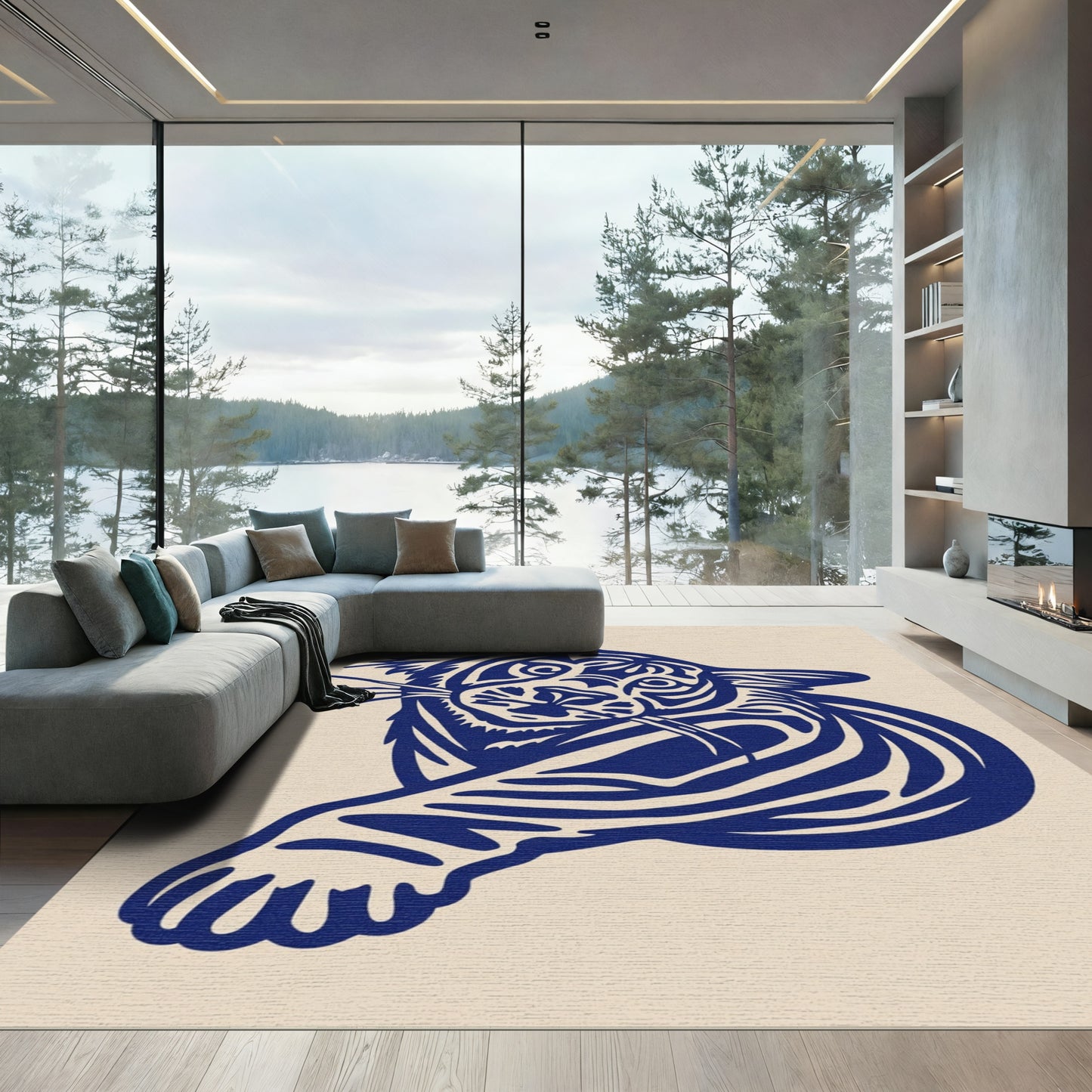 Bold Blue Feline Tiger Head Rug
