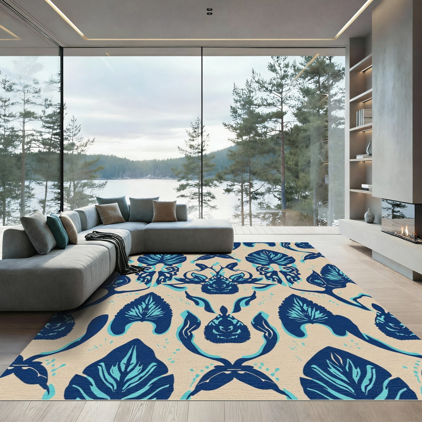 Navy Blue Leafy Damask Arrangement Rug