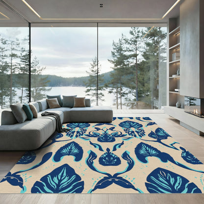 Navy Blue Leafy Damask Arrangement Rug