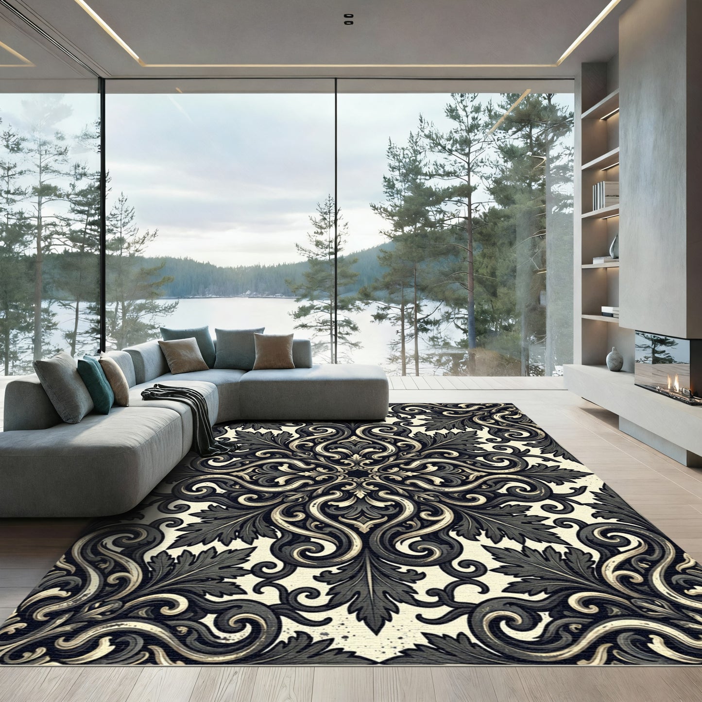 Ornate Black Ivory Acanthus Scroll Rug