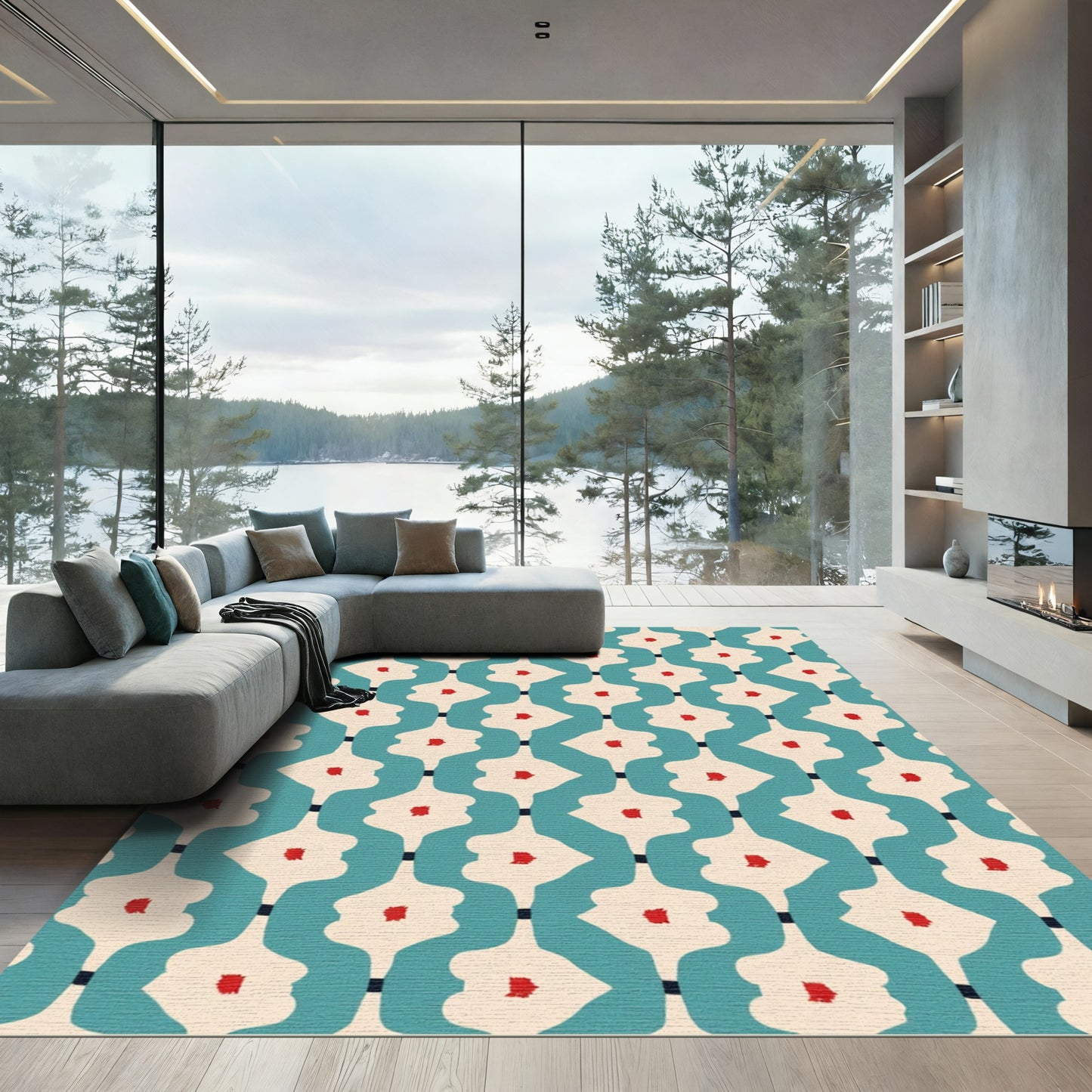 Teal Cream Red Abstract Floral Link Rug