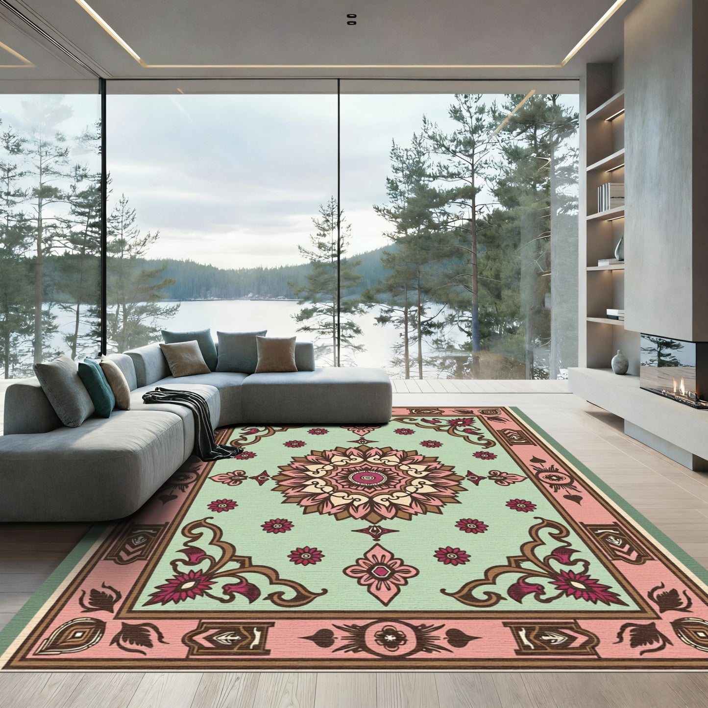 Vintage Mint And Pink Floral Medallion Rug