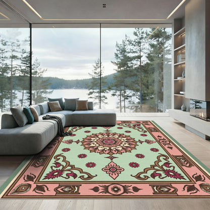 Vintage Mint And Pink Floral Medallion Rug
