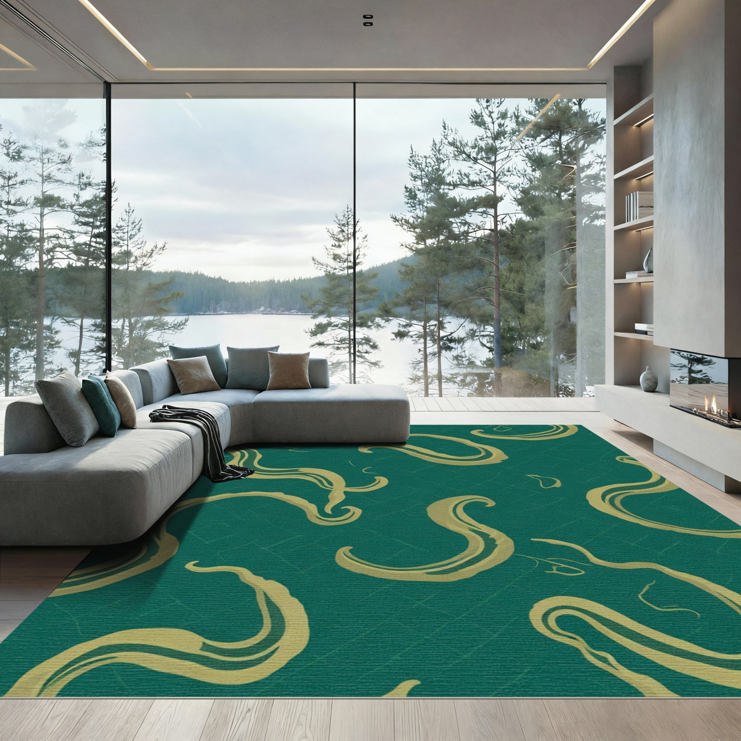 Emerald Gold Swirling Ornate Ribbons Rug