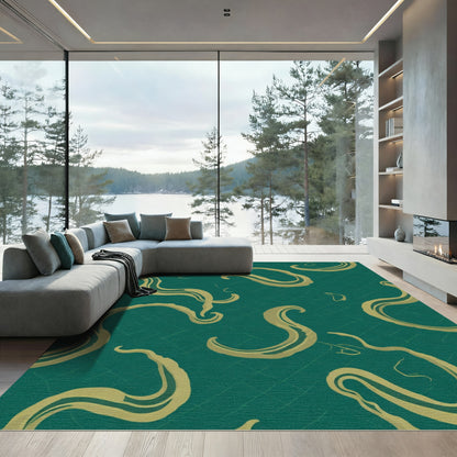 Emerald Gold Swirling Ornate Ribbons Rug