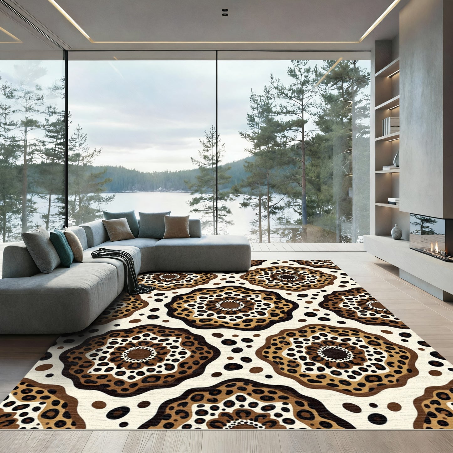 Brown Leopard Spot Floral Medallion Rug