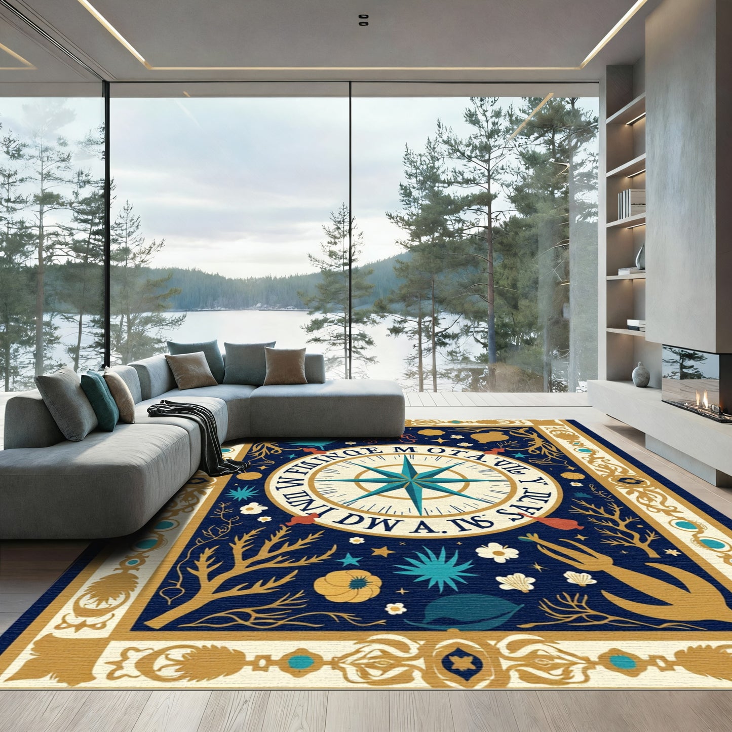 Navy Blue Golden Compass Nautical Art Rug