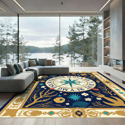 Navy Blue Golden Compass Nautical Art Rug