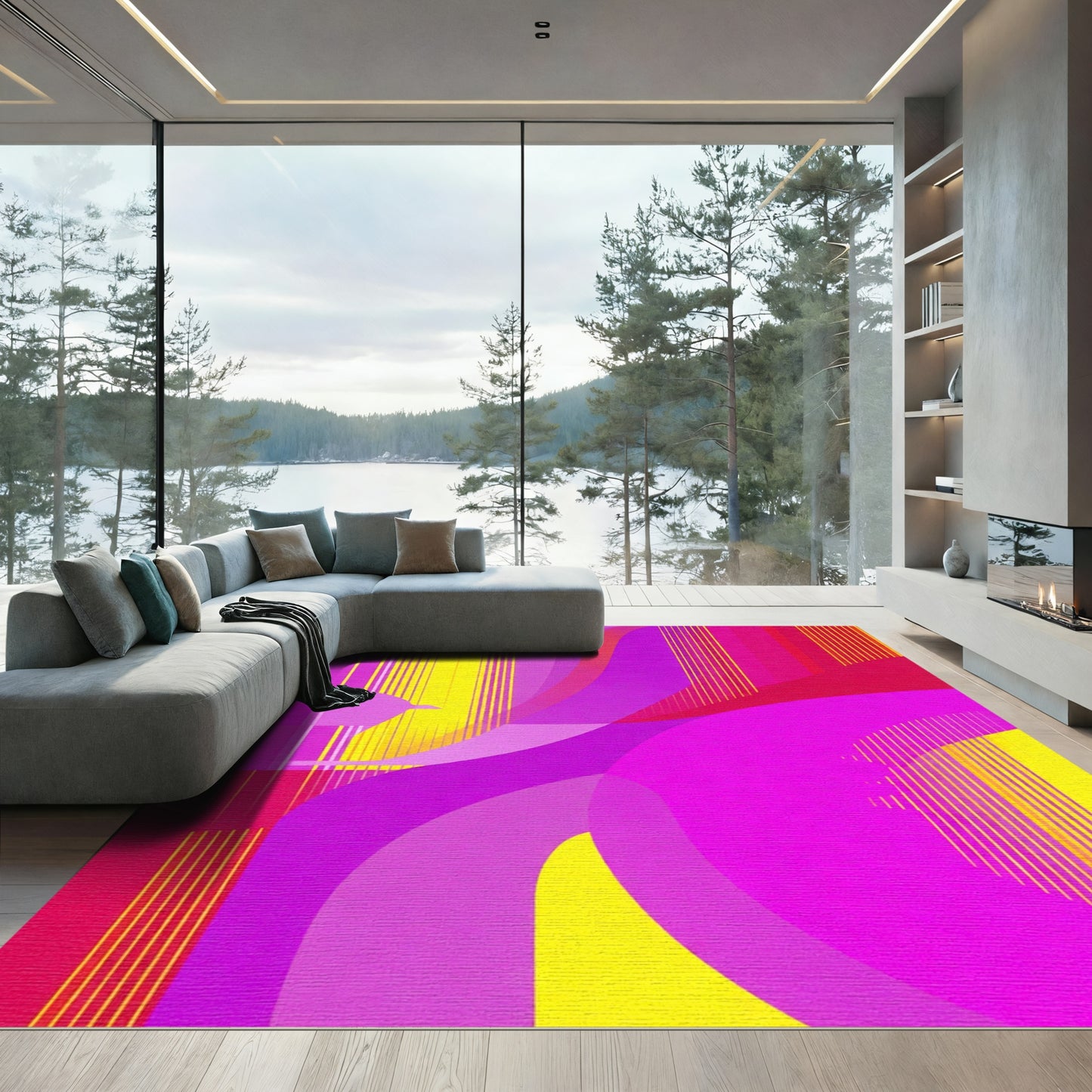 Vibrant Pink Yellow Abstract Waves Rug