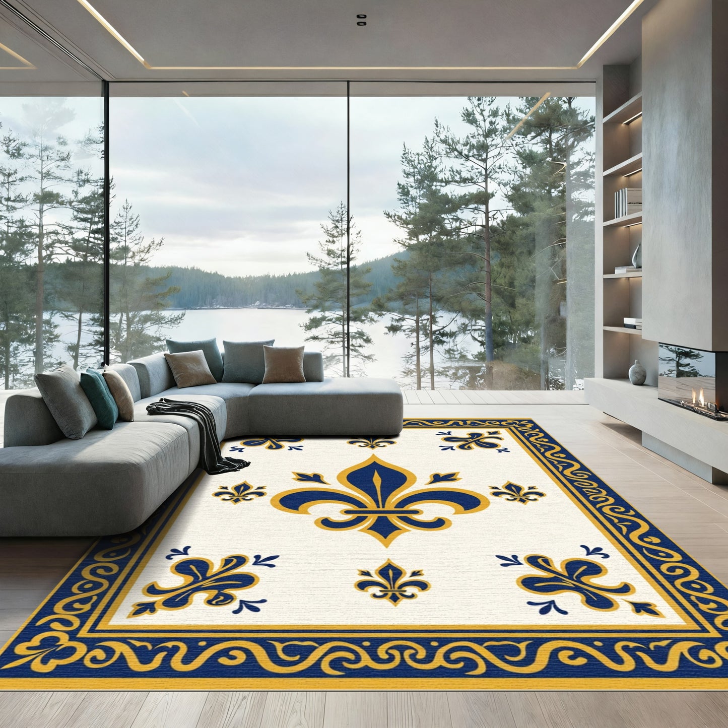 Royal Blue Gold Fleur-de-lis Border Rug