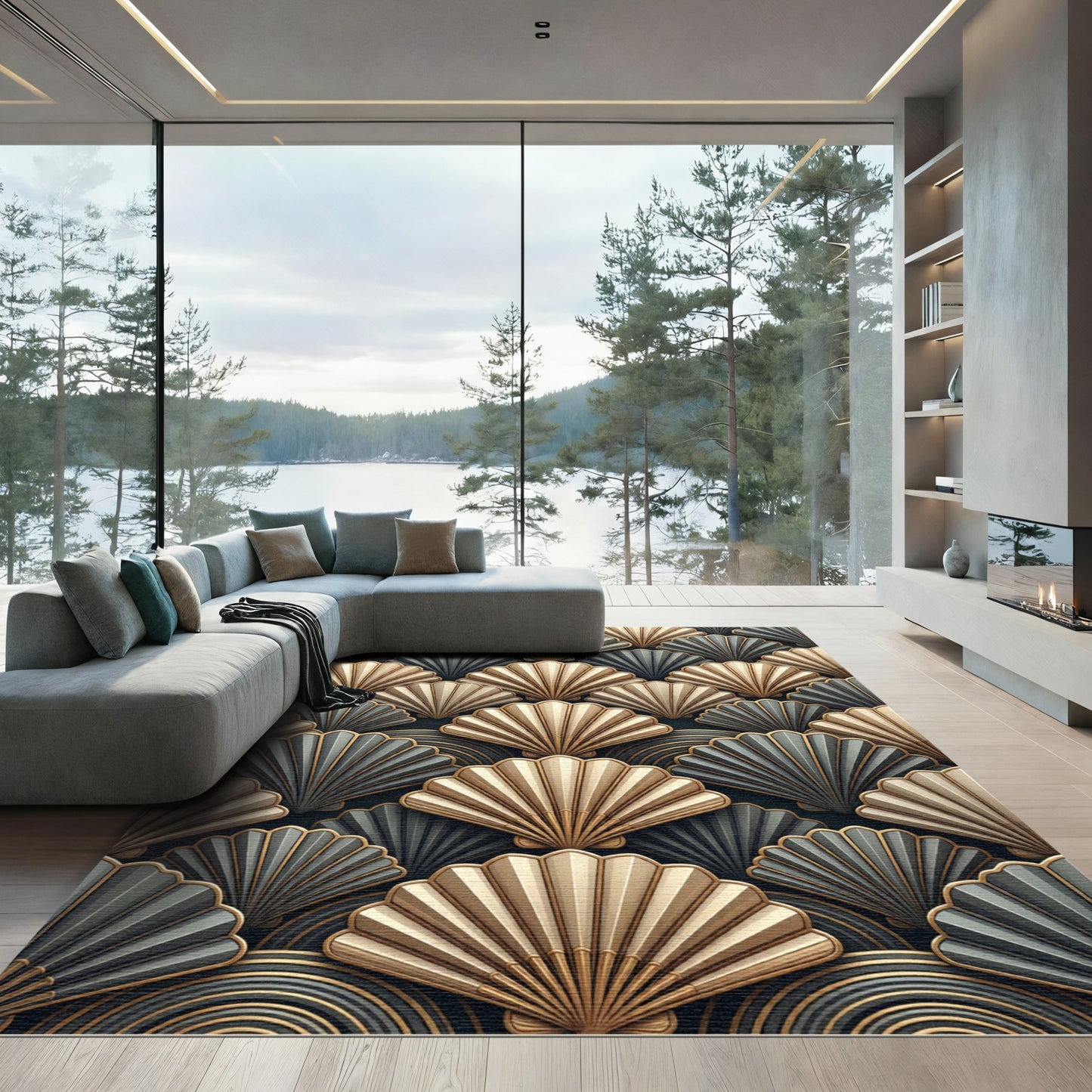 Art Deco Gold Gray Fan Layers Rug