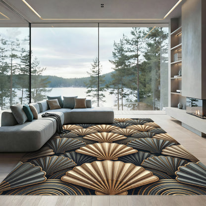 Art Deco Gold Gray Fan Layers Rug