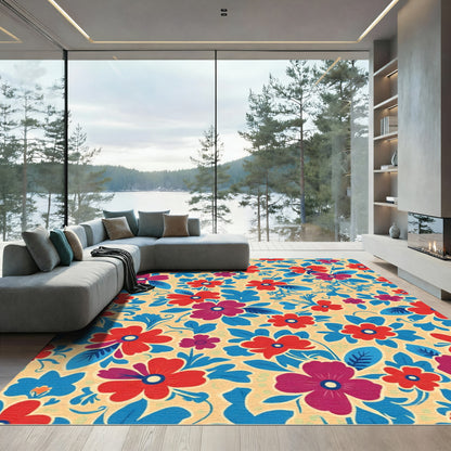 Vibrant Red Blue Floral Medley Rug