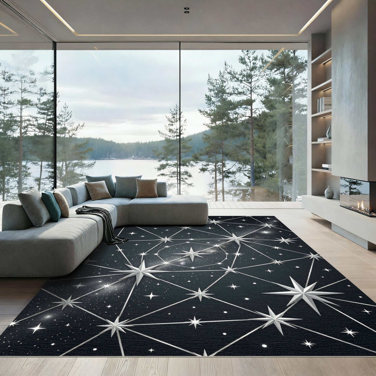 Celestial Geometric Constellation Midnight Sky Rug