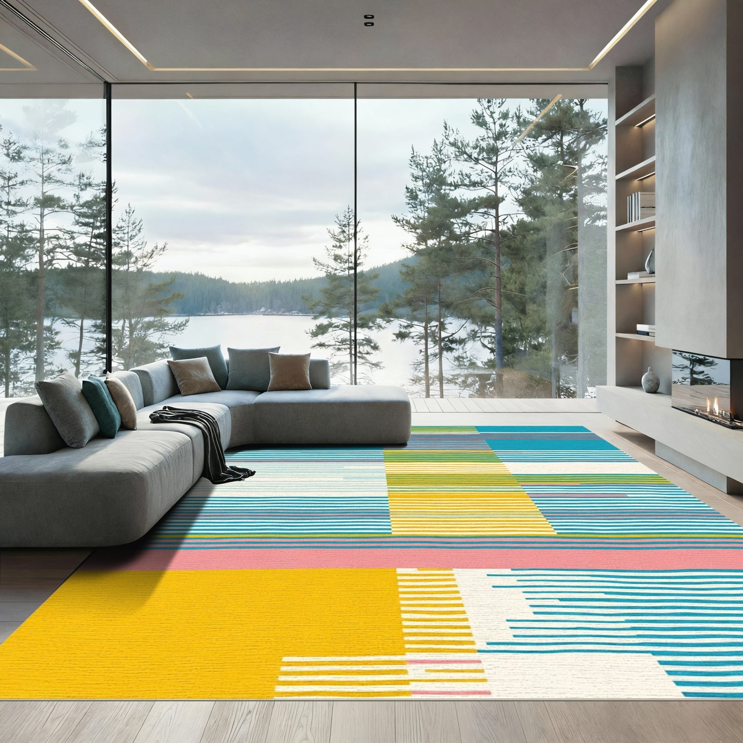 Abstract Turquoise Yellow Pink Stripe Blocks Rug