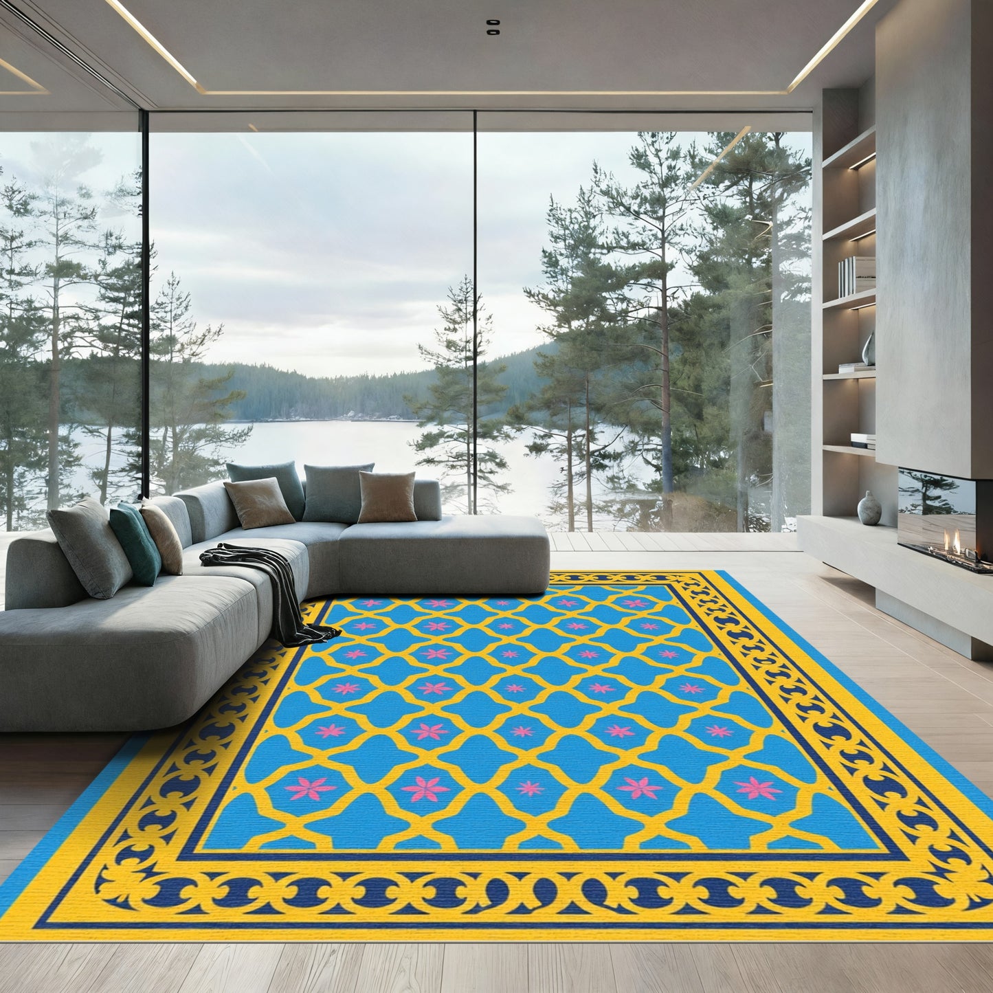 Blue Yellow Pink Floral Lattice Border Rug