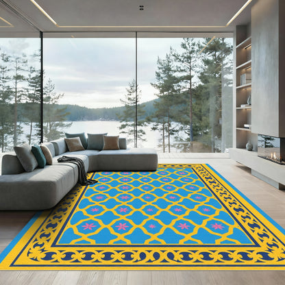 Blue Yellow Pink Floral Lattice Border Rug