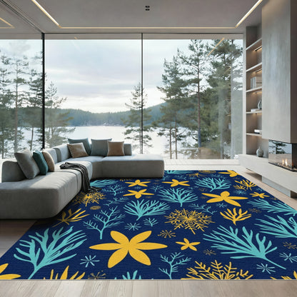 Navy Blue Coral Starfish Swirl Rug
