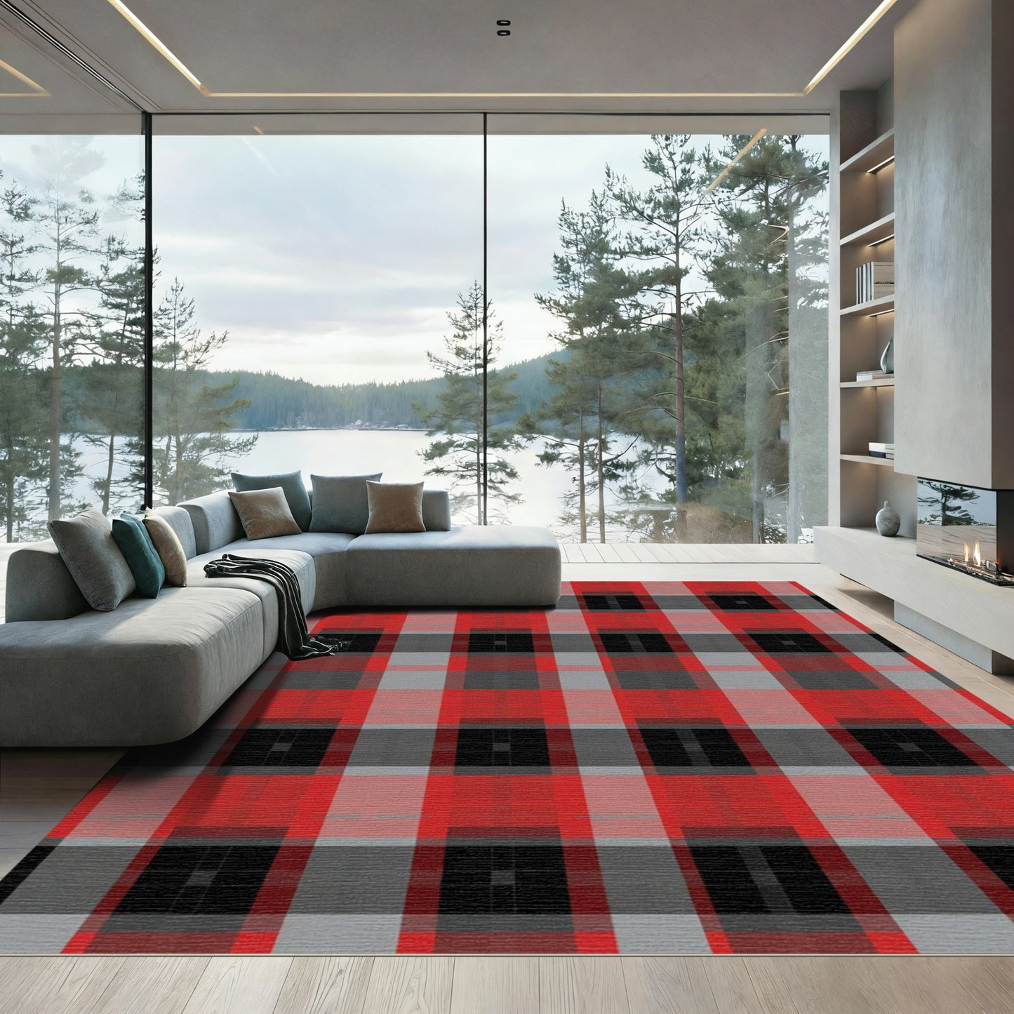 Bold Red Black Gray Plaid Checkered Rug