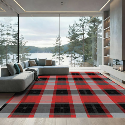 Bold Red Black Gray Plaid Checkered Rug