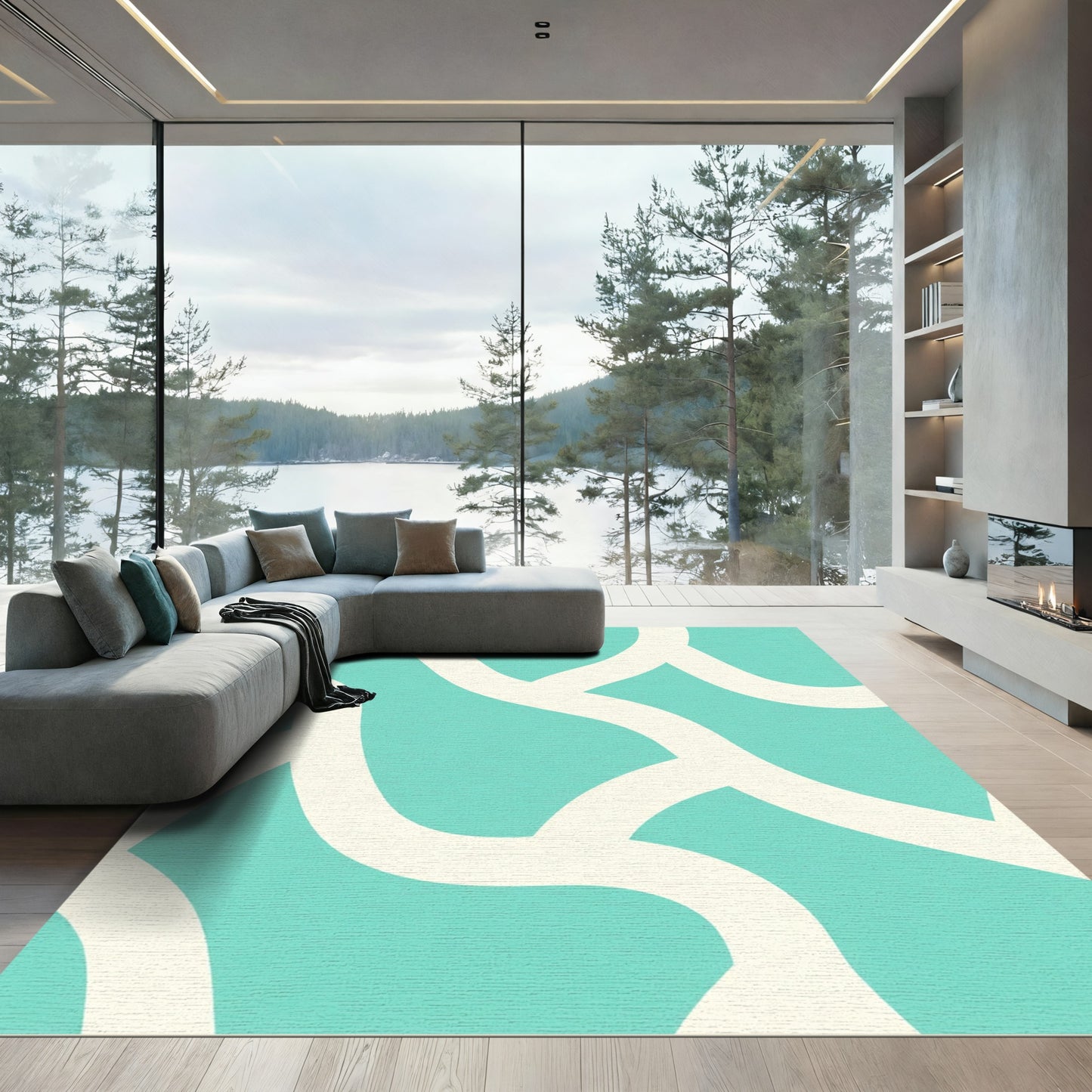 Aqua White Interlocking Scallop Rug