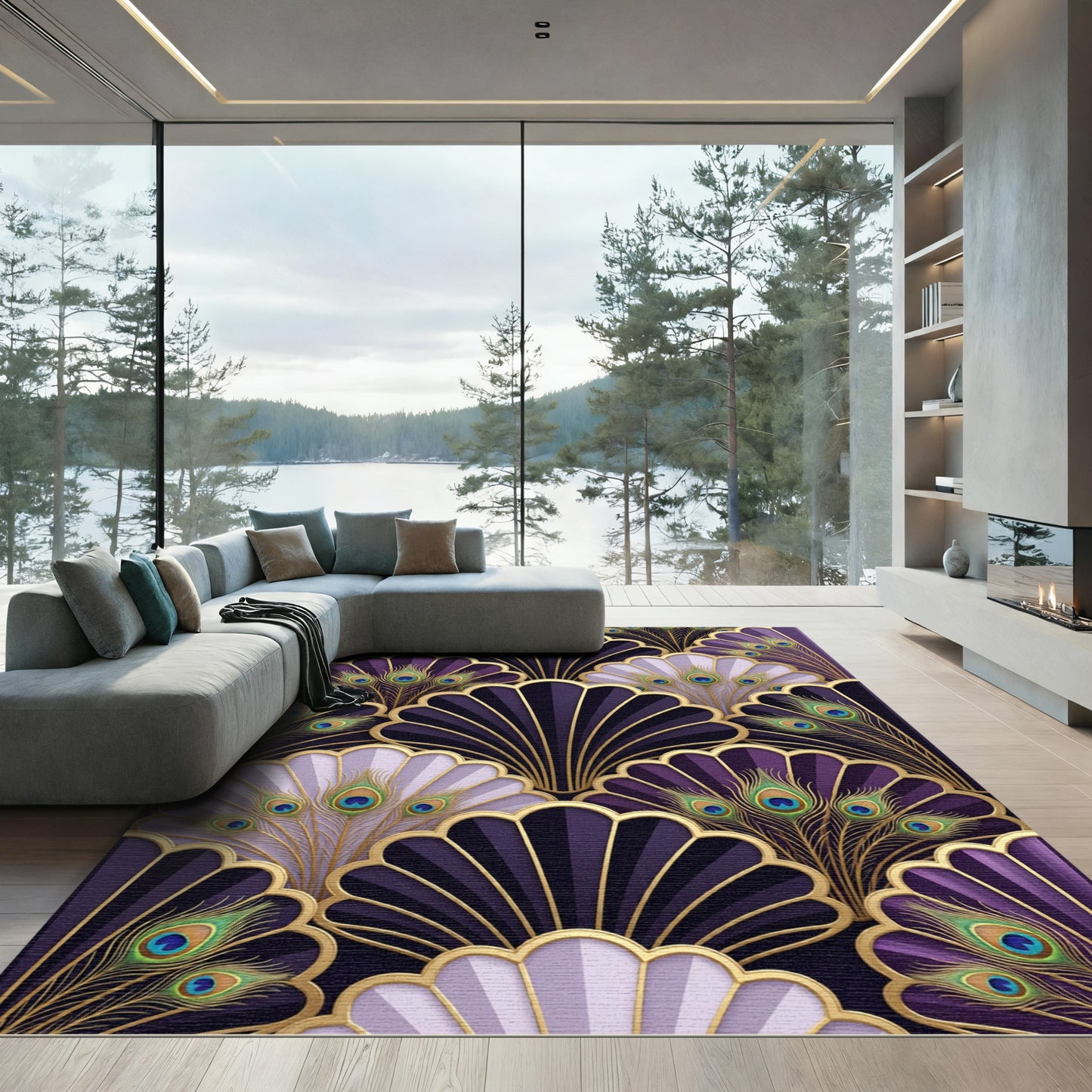 Art Deco Purple Peacock Feather Fan Rug