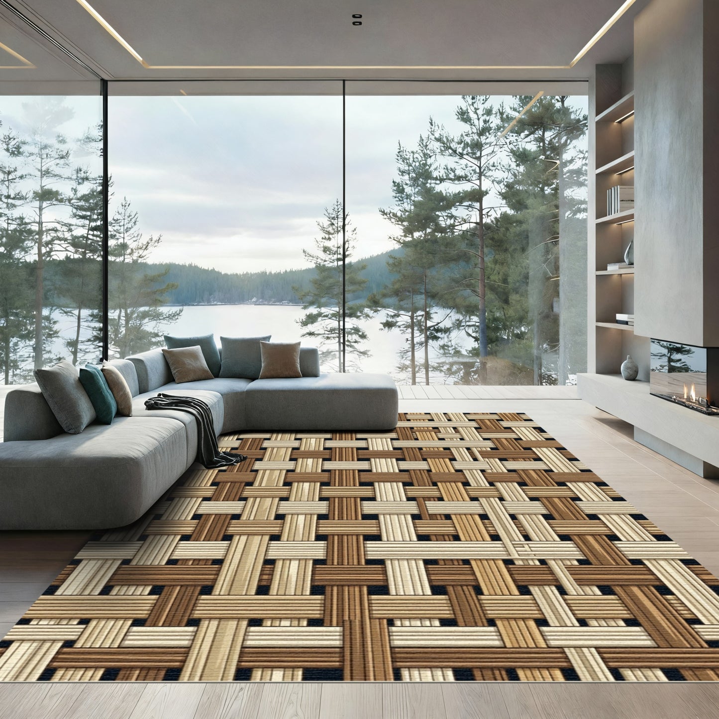 Woven Natural Tan Brown Lattice Rug